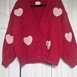 Cozy Red Cardigan with Pink Heart Details